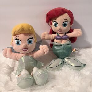 Pair Of 2 Disney World Ariel Little Mermaid Plush Tinkerbell Princess Dolls